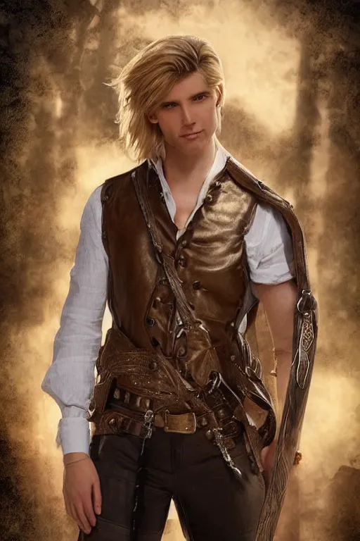 Image similar to a male ranger, dnd, with a leather vest and white linen pants, long swept back blond hair, chiseled good looks, romance novel cover, digital art