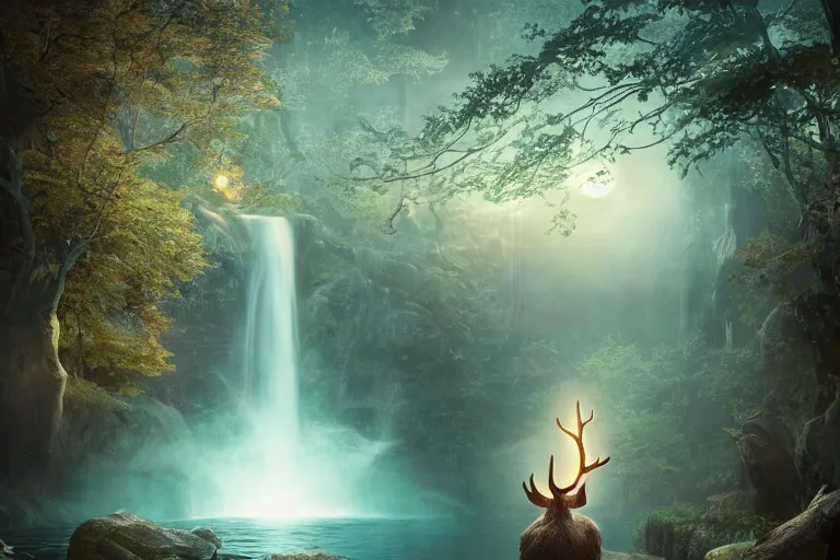 Prompt: deer god with glowing antlers next to lake and waterfall, moonlight, art by artgerm and greg rutkowski, cinematic shot, intricate, photorealistic, artstation, realistic, 1 0 0 mm, photography, octane, high definition, depth of field, bokeh, 8 k