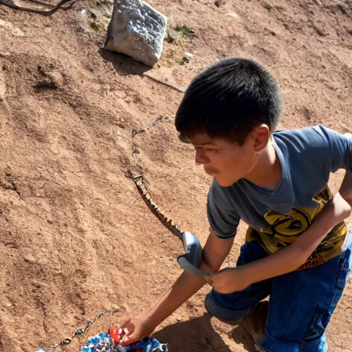 Prompt: A young breaker boy on the line stealing a piece of glowing ore by placing it inside a pendant