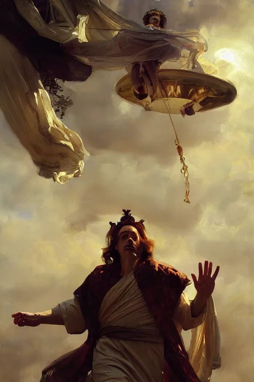 Image similar to beautiful oil painting portrait of ancient roman god emperor steve buscemi floating in the air wearing the civic crown levitating and ascending in a religious pose, ascension, art by anders zorn, wonderful masterpiece by greg rutkowski, expressive brush strokes, beautiful cinematic light, american romanticism by greg manchess, jessica rossier