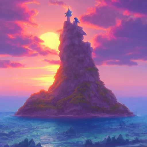 Image similar to beautiful matte digital fantasy concept art of the shore of the island of monuments and statues, with a spectacular sunset, from the studio ghibli movie island monuments, by andreas rocha, pastel color palette, trending on artstation hq, 8 k