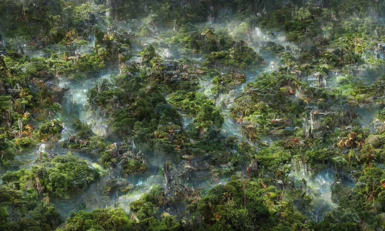 Image similar to a futuristic utopia, enchanted world, ancient amazon winding river valley deep valley taken from 3 0 meters high, otherworldly, botanical garden, waterscape, overgrowing floral lush, glistening in the morning light, 8 k, cinematic shot, weta workshop, hyper realistic, cinematography