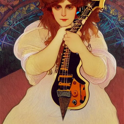 Prompt: Anna_Calvi playing electric guitar by Alfons Mucha, masterpiece