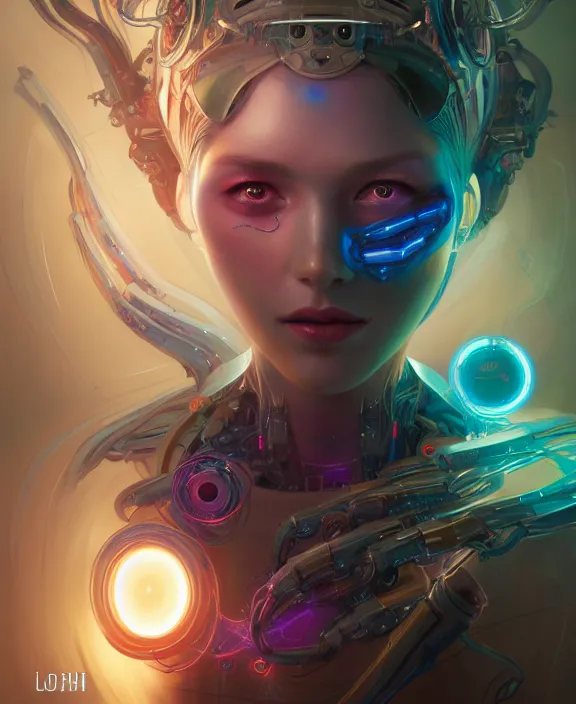 Image similar to whirlwind souls rushing inside metaverse, half body, glowin eyes, tiara, robotic, android, cyborg, cyberpunk face, by loish, d & d, fantasy, intricate, elegant, highly detailed, colorful, vivid color, digital painting, artstation, concept art, art by artgerm and greg rutkowski and alphonse mucha and ruan jia