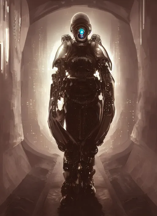 Image similar to of a hyper realistic digital art portrait of a cyberpunk war cleric in a futuristic pearl armor, tech helmet, dark gloomy environment two moons