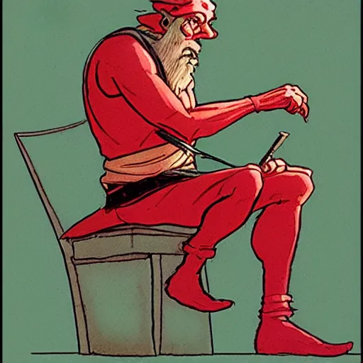 Prompt: rackham the red sitting in podcast! studio, in the style of moebius