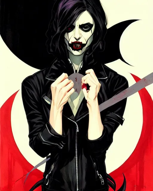 Image similar to rafael albuquerque comic art, peter mohrbacher, phil noto, steve niles, artgerm, pretty willa holland vampire sharp vampire teeth open mouth, symmetrical eyes, black leather jacket, jeans, long black hair