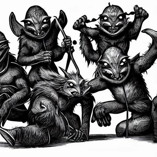 Image similar to black and white illustration by erol otus the pack of kobolds is crouched in a circle.