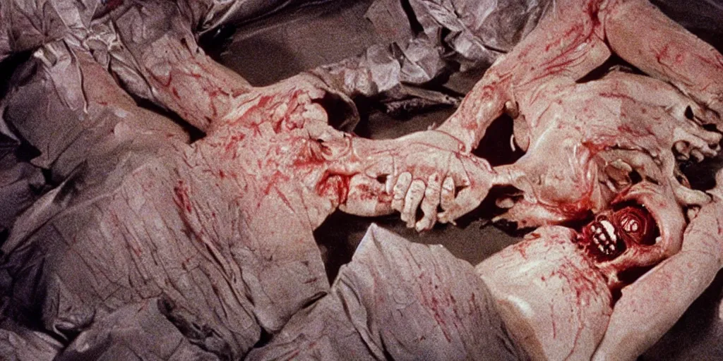 Prompt: filmic extreme wide shot dutch angle movie still 35mm film color photograph of a doctor's stomach sliced open, he is trying to hold his internal organs in place as they fall onto the floor in the style of a horror film The Thing 1982