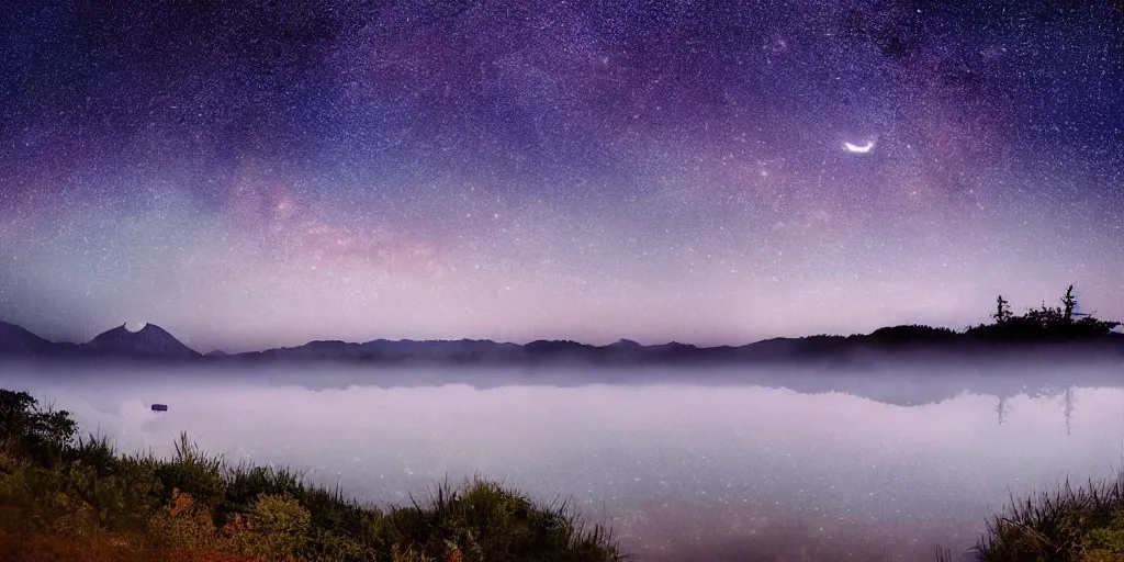 Image similar to a magic lake by night with fog mountains in the background and the milkyway in the sky by studio ghibli and hayao miyazaki and kazuo oga