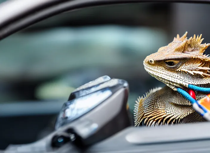 Image similar to dslr portrait still of a bearded dragon driving a little toy car, 8 k 8 5 mm f 1. 4