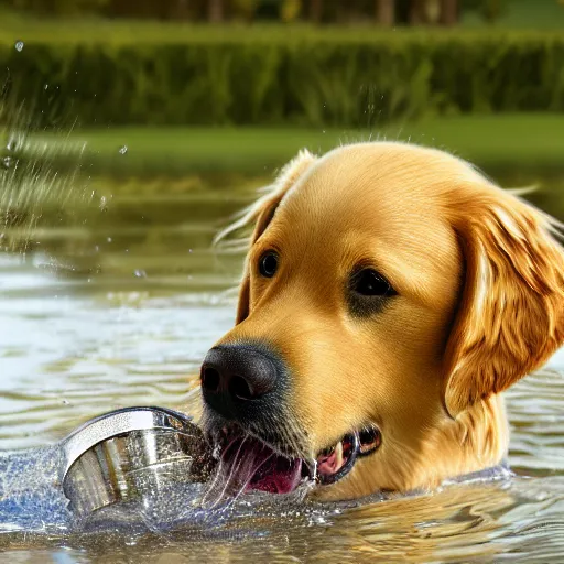 Image similar to a realistic image of a golden retriver drinking water, ultra high detail, 8 k.