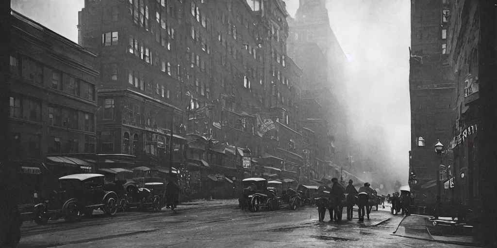 Prompt: a photo of 1 9 2 0 s downtown boston, dark, brooding, atmospheric, lovecraft
