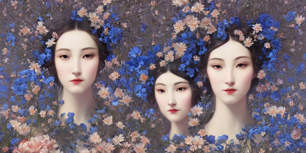 Prompt: breathtaking detailed concept art painting art deco pattern of faces goddesses of nemophila flowers with anxious piercing eyes and blend of flowers and birds, by hsiao - ron cheng and john james audubon, bizarre compositions, exquisite detail, extremely moody lighting, 8 k