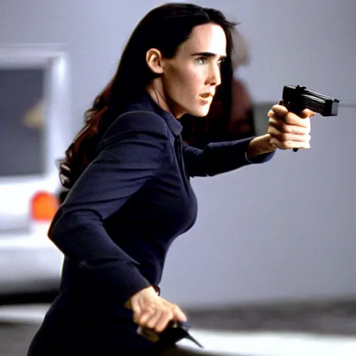 Image similar to jennifer connelly as a secret agentr, action scene