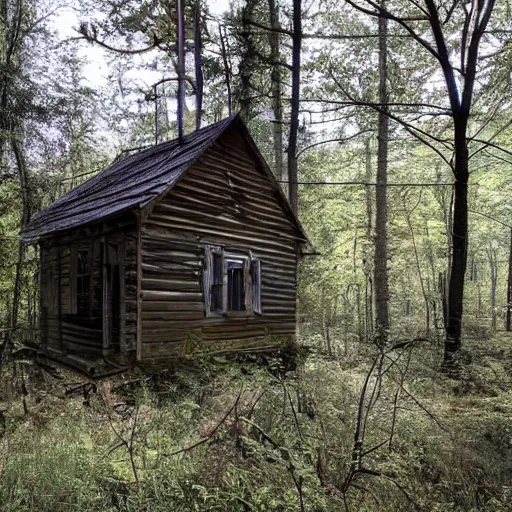 Prompt: delapidated cabin in a forest, near a creek