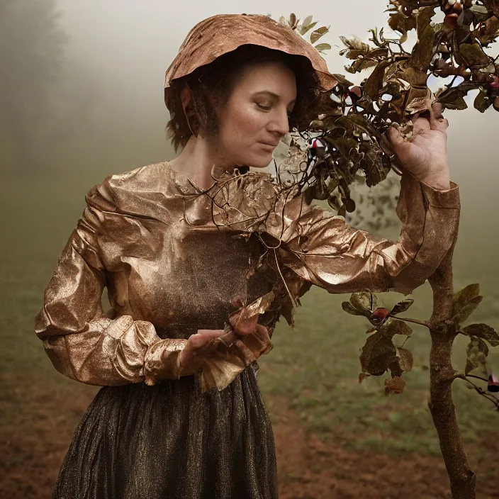 Image similar to a closeup portrait of a woman wearing a metal plate dress made of iron and copper, picking apples from a tree in an orchard, foggy, moody, photograph, by vincent desiderio, canon eos c 3 0 0, ƒ 1. 8, 3 5 mm, 8 k, medium - format print