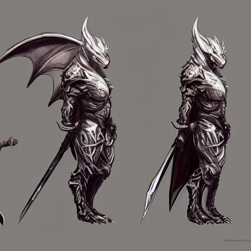 Image similar to concept art, chatacter sheet, dragon-shaped human, full color, warrior, spear, white and black clothes, trending on artstation