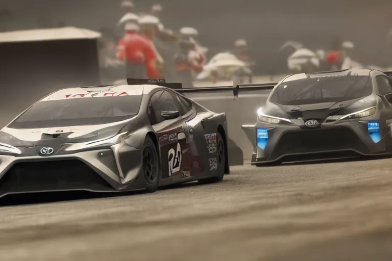 Image similar to Toyota Prius 2022. Toyota GT Le Mans car racing on dimly lit track overcast skies raining headlights illuminating track, volumetric lighting cinematic vray photo muted colors dark cinematic. front side view uncropped centered. artstation trending dramatic harsh lighting low exposure