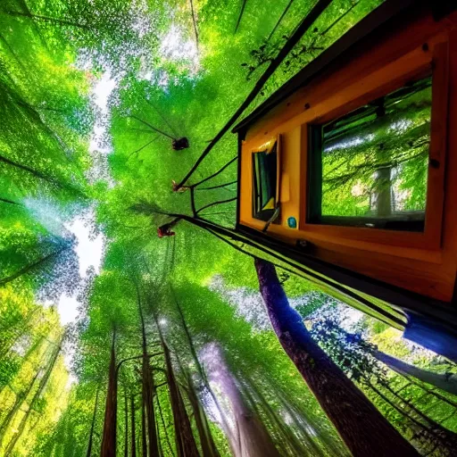 Image similar to A pov in a tree house, photo national geographic, gopro, ultrahd, morning mist, beautiful