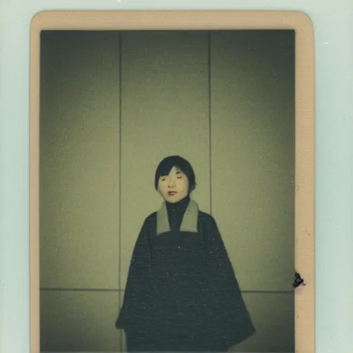 Prompt: polaroid of a young japanese woman on a snowy night