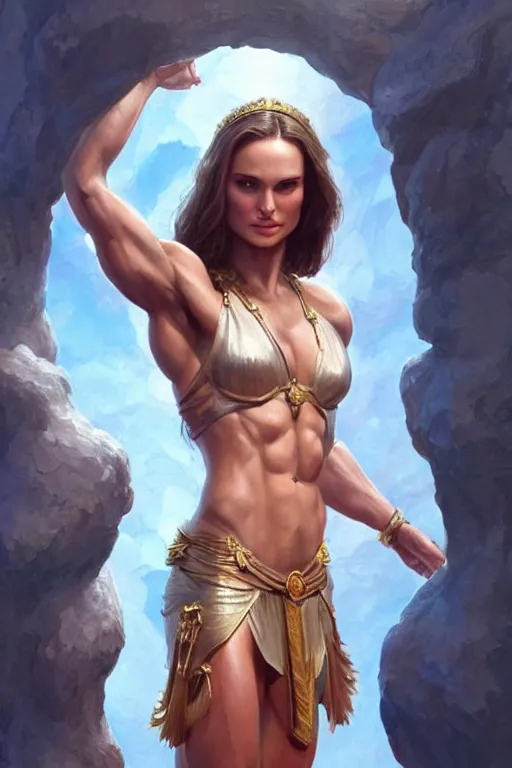 Image similar to Natalie Portman as a goddess, accurate anatomy, IFBB fitness body, only two hands, highly detailed, digital painting, artstation, concept art, smooth, sharp focus, illustration, Unreal Engine 5, 8K, art by art by artgerm and greg rutkowski and edgar maxence