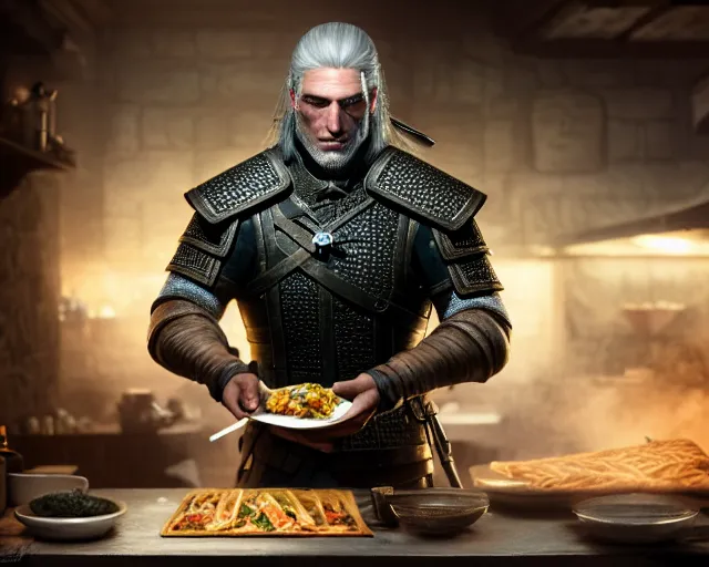 Prompt: 5 5 mm portrait photo of geralt of rivia serving shawarma, in kaer morhen. dark atmosphere. art by greg rutkowski. highly detailed 8 k. intricate. lifelike. soft light. nikon d 8 5 0.