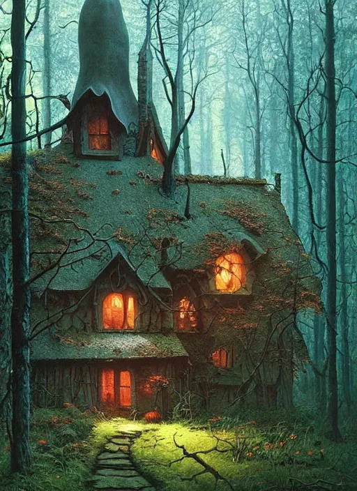 Image similar to hyper realistic witch cottage with mood lighting and technology in the woods gorgeous lighting, sunbeams blue sky, highly detailed, lush forest foliage painting by zdzisław beksinski and norman rockwell and greg rutkowski weta studio, and lucasfilm