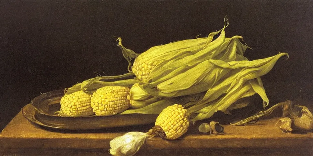 Prompt: dutch golden age oil painting of sweet corn still in the husk on a delft blue plate on an old wooden table in a dark room with dramatic chiaroscuro lighting with glass salt and pepper shakers and a butter dish in the style of rembrandt andrew wyeth caravaggio