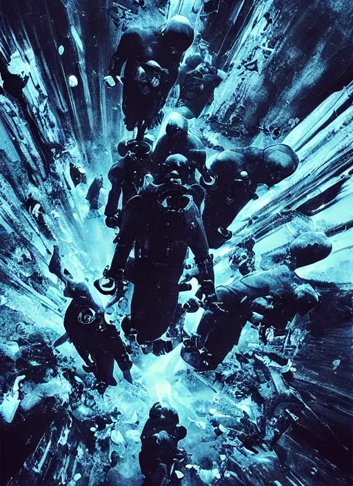 Image similar to astronauts in dark and empty void underwater - complex and dynamic composition. reflection and dispersion materials. rays and dispersion of light. volumetric light. 5 0 mm, f / 3 2. noise film photo. flash photography. ultra realistic, motion blur poster by wayne barlowe, hajime sorayama aaron horkey, craig mullins. dark key.