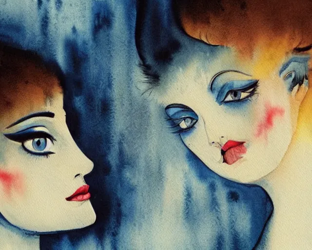 Prompt: a very unique stylize watercolor painting. 3 / 4, medium shot. a straight and long nose, and huge prominent eyes. she is looking at the mirror and crying to the sun. old photograph. sharp image. fellini style. highly detailed, color harmony, art station, ornate, lynch style. old photography