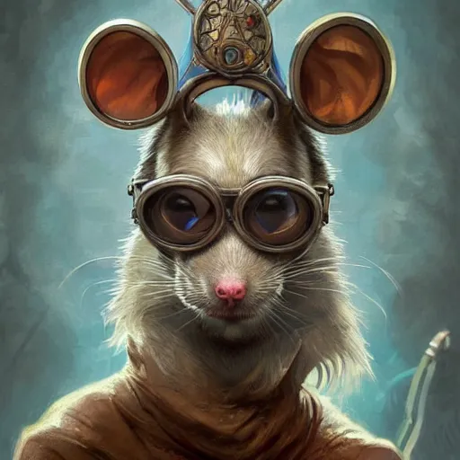 Image similar to anthropomorphic rat with goggles on his forehead giving a thumbs up D&D, fantasy, intricate, elegant, highly detailed, digital painting, artstation, concept art, smooth, sharp focus, illustration, art by artgerm and greg rutkowski and alphonse mucha