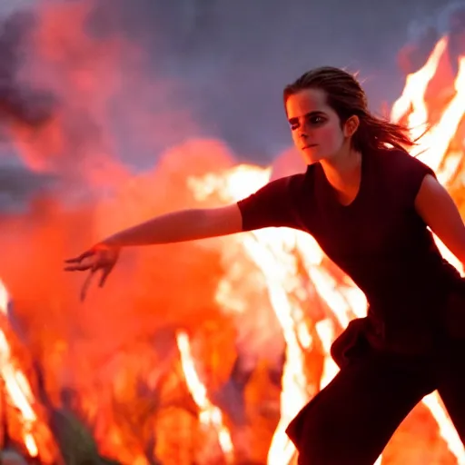 Image similar to Emma Watson on walking through fire, Action movie pyrotechnics shot, 8k UHD, studio photography, high quality, high detail, stunning lighting