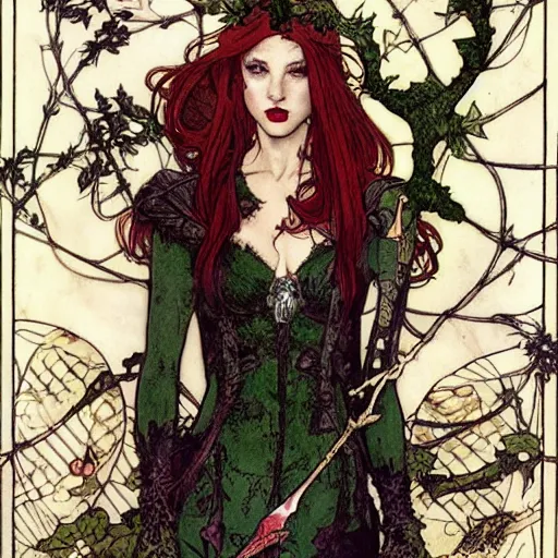 Image similar to a beautiful tarot card of poison ivy dressed as a teenage vampire, leather armored, dark eyeliner, intricate, elegant, highly detailed, digital painting, artstation, concept art, matte, sharp focus, illustration, art by rebecca guay and by arthur rackham and by alphonse mucha and by john william waterhouse