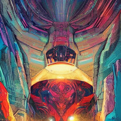 Image similar to art found in a cave on an alien planet, unique, strange, geometric, intricate details, bold warm colours, 2 d matte, graphic novel, art by pepe larraz,