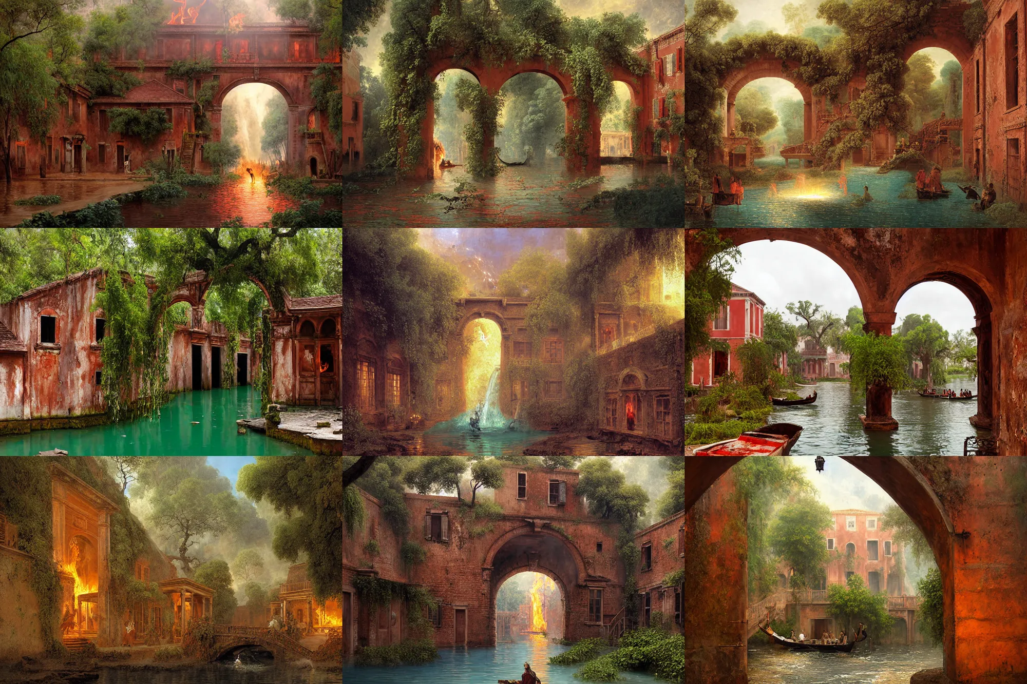 Prompt: colonial ghost town grand canal with flowing lava and fire, stoic, spirits covered in drapery, archways made of lush greenery, water coming out of windows, light dust, magnificent, hyperdetailed, theatrical, close up, masterpiece, painted by jean honore fragonard and greg rutkowski and rob alexander