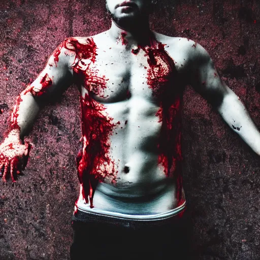 Image similar to ultra detailed photo of a man with many bloody arms covering his entire body