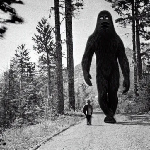 Image similar to a 1960s photograph of a UFO abducting Bigfoot, 4k, hyperrealstic picture