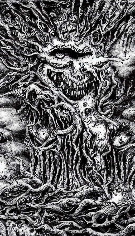Prompt: a storm vortex made of many demonic eyes and teeth over a forest, by david eichenberg