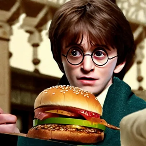 Prompt: Harry Potter eating a cheeseburger, photo realistic, award-winning, highly-detailed, epic, cinematic, dramatic