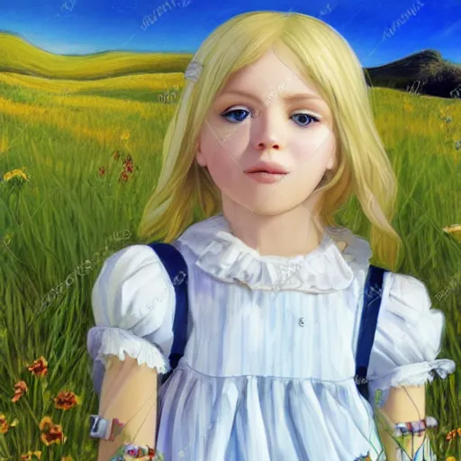 Prompt: young blonde pioneer girl in a meadow, portrait, anime