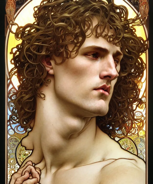 Prompt: realistic detailed face portrait of the god apollo with a radiant halo and curly golden hair by alphonse mucha, ayami kojima, amano, greg hildebrandt, and mark brooks, male, masculine, art nouveau, neo - gothic, gothic, character concept design