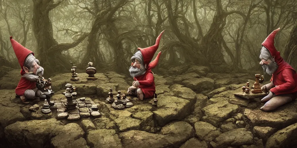Prompt: two gnomes playing chess on a rock in a bright forest, hyper detailed, digital art, trending in artstation, cinematic lighting, studio quality, smooth render, unreal engine 5 rendered, octane rendered, art style by Zdzisław Beksiński and Giger and Brian Froud and Moebius