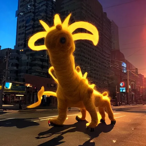 Image similar to photo of an enormous full sized needle - felted mecha king ghidorah crossing a busy street golden hour