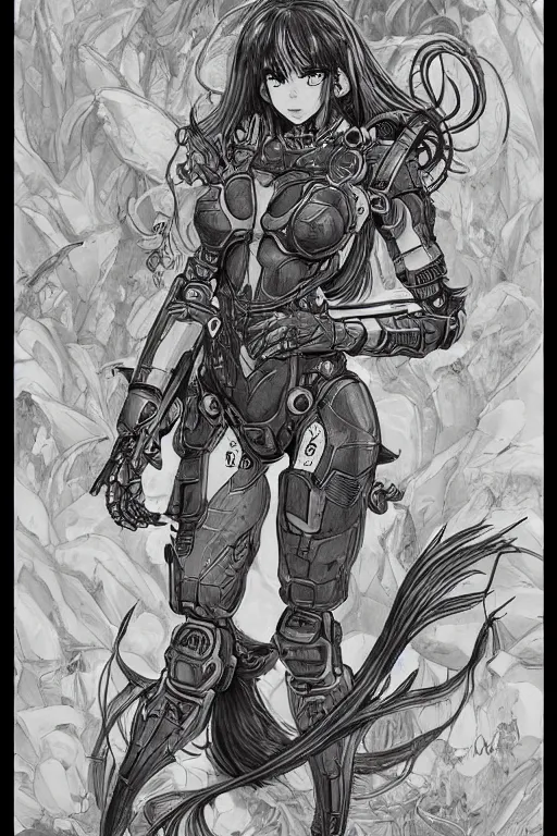 Image similar to full body illustration, mechanized latina female, cruel mermaid, highly detailed, sumi - e art, suiboku - ga ink, by kim jisu, pen and ink monochrome, mecha, deviantart, artstation, pinterest