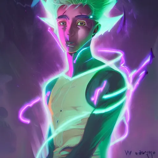 Prompt: Young Danny phantom, transluscent and ghostly, with glowing green eyes and sharp teeth fangs alt art fashion punk, art by WLOP and Charlie Bowater and WLOP and Mark Arian and Ross Tran + neon colors, symmetry,A digital matte intricate illustration concept art , intricate complexity, highly coherent, epic composition, magical atmosphere, highly super detailed, cinematic lighting + masterpiece, trending on artstation + 8k