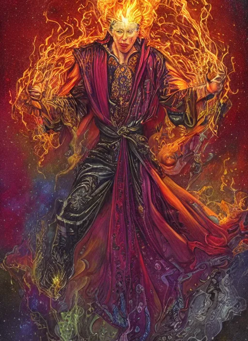 Image similar to high intricate colored ink drawing of the sandman holding a glimmering fire - galaxy, full shot, neil gaiman, maria panfilova, andrea savchenko, mike kime, ludovic plouffe, qi sheng luo, oliver cook, julian calle, eddie mendoza, trending on artstation