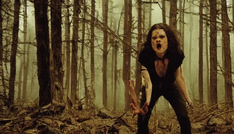 Image similar to 16 mm indie horror film about demons attacking people in the forest