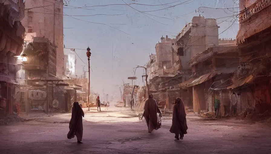 Prompt: old jeddah city stree, roshan, shops, a big magical glowing time portal, a nomad wearing a worn out coat, plants, old tree, kids, dramatic lighting fantasy, sci fi, by caspar david friedrich by beeple and james gilleard and justin gerard, centered, artstation, smooth, sharp focus, photoreal octane render, by jean baptiste monge