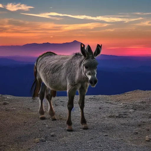 Prompt: an amazing portrait of a donkey on a slim rocky path, rocky mountains in the background, sunset sky photography, award winning cinematic lighting, highly detailed